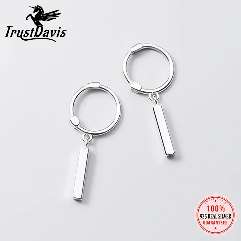 TrustDavis Genuine 925 Sterling Silver Square Stick Dangle Hoop Earring For Women Wedding Party birthday Fine Jewelry DA1223