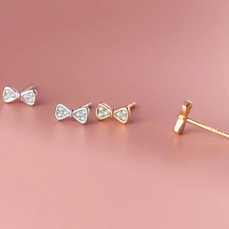 TrustDavis Real 925 Sterling Silver Girls Birthday Gift Earring Jewelry Sweet Bowkont Zircon Stud Earrings for Xmas DS3502