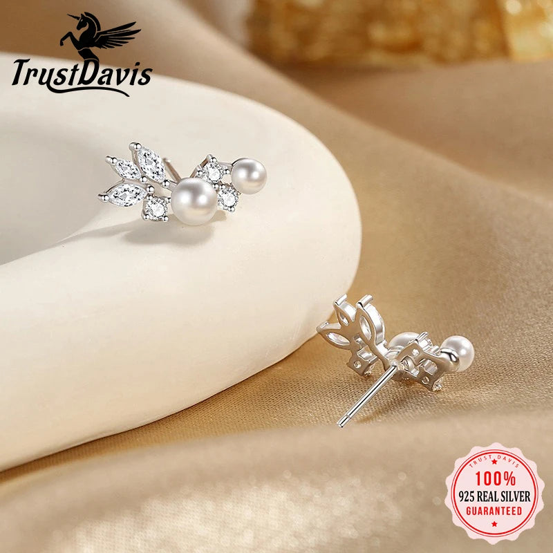 TrustDavis 925 Sterling Silver Women's Pearl Earrings Fashion Sweet Leaf with Pearl Earrings for Women Girls Jewelry Gift DS4437