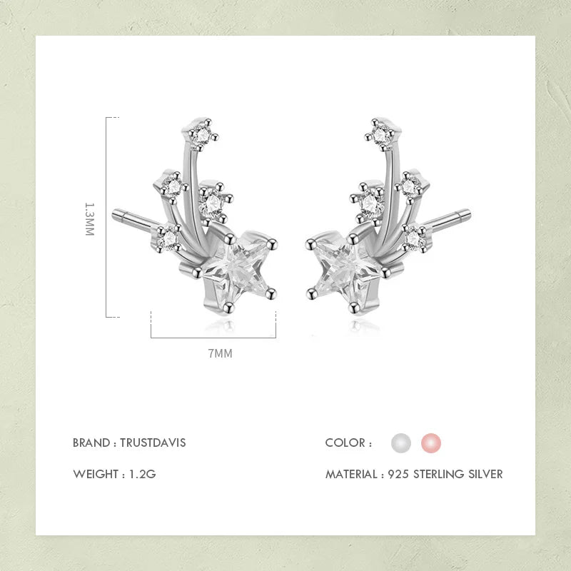 TrustDavis Genuine 925 Sterling Silver Sweet Symmetry Star CZ Stud Earrings For Fashion Woman Wedding Party Fine Jewelry DA1232