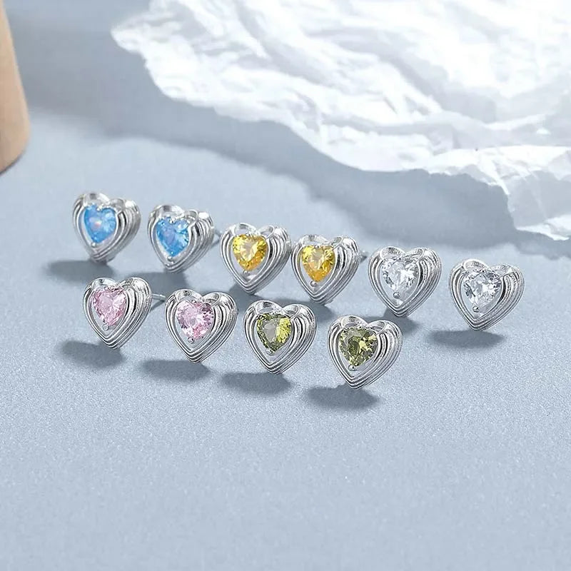 TrustDavis Girls Real 925 Sterling Silver Heart Colorful Zircon Stud Earrings for Sweet Daugther Fine S925 Jewelry DS4505