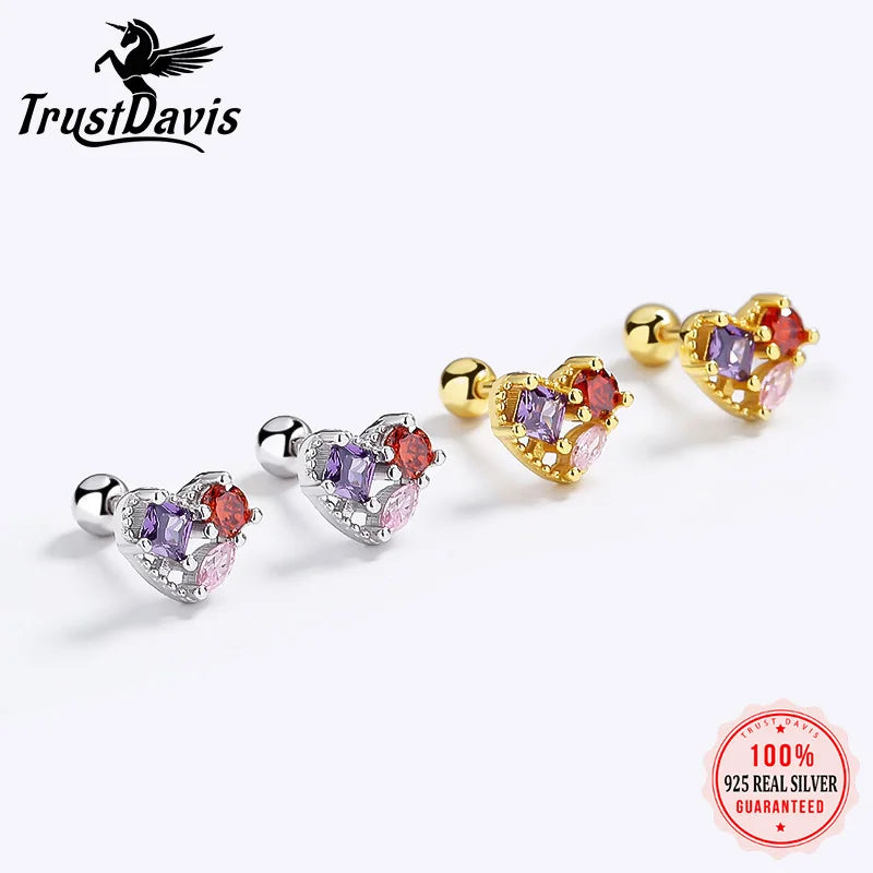 TrustDavis Authentic 925 Sterling Silver Color Heart Stud Earrings for Women Girls Kids Birthday Gift Jewelry DS3905