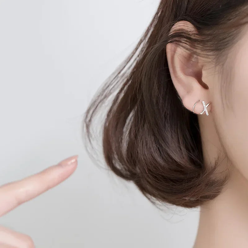 Trusta Fashion 925 Sterling Silver X Letter Dazzling CZ Ear Bones Ear Buckle Ring Tightly Packed Mini Double Ring Earring DS2489