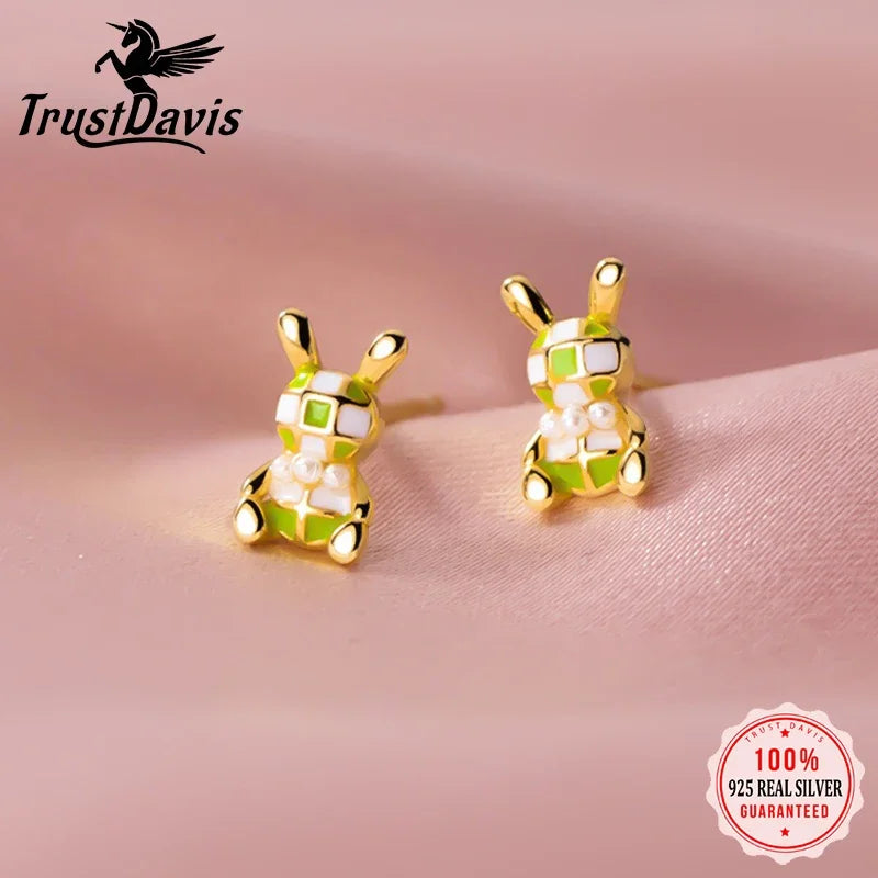 TrustDavis New 925 Sterling Silver Sweet Cute Rabbit Stud Earrings for Women Silver 925 Earrings Jewelry Gift DA3230