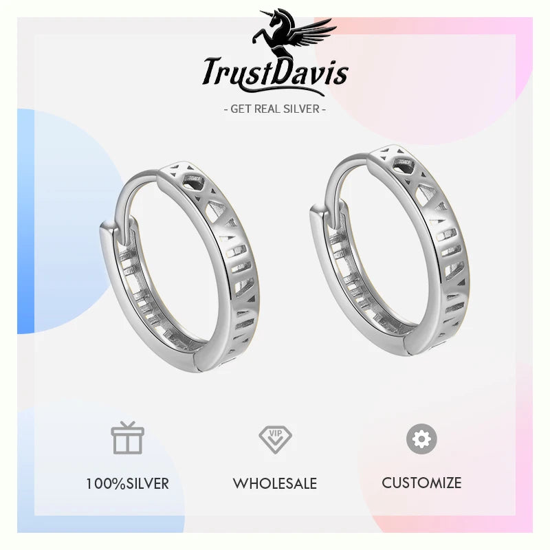 TrustDavis 925 Sterling Silver Women's Fashion Hollow Roman Numeral Hoop Earrings for Women Girls Jewelry Gift DS4336
