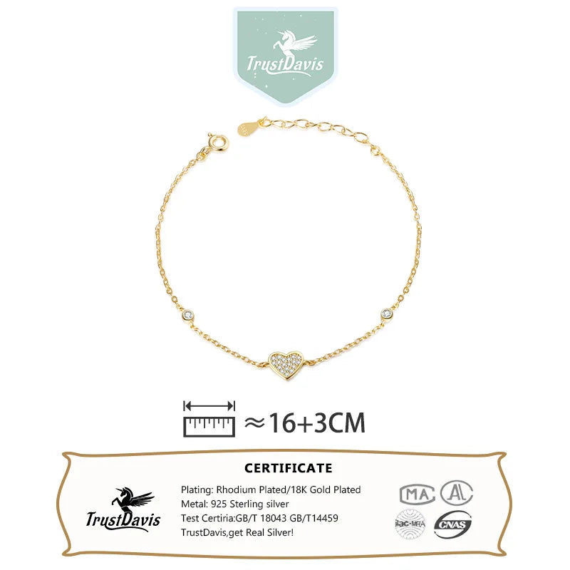 Trustdavis Real 925 Sterling Silver Sweet Simplicity Heart Zircon Bracelet Women Girls Birthday Party Gift Jewelry DS4140