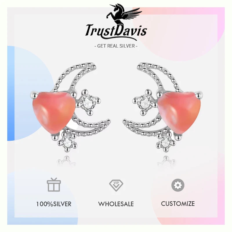 TrustDavis Genuine 925 Sterling Silver Sweet Moon Heart CZ Screw Stud Earrings for Daughter Children Birthday Jewelry DS4151