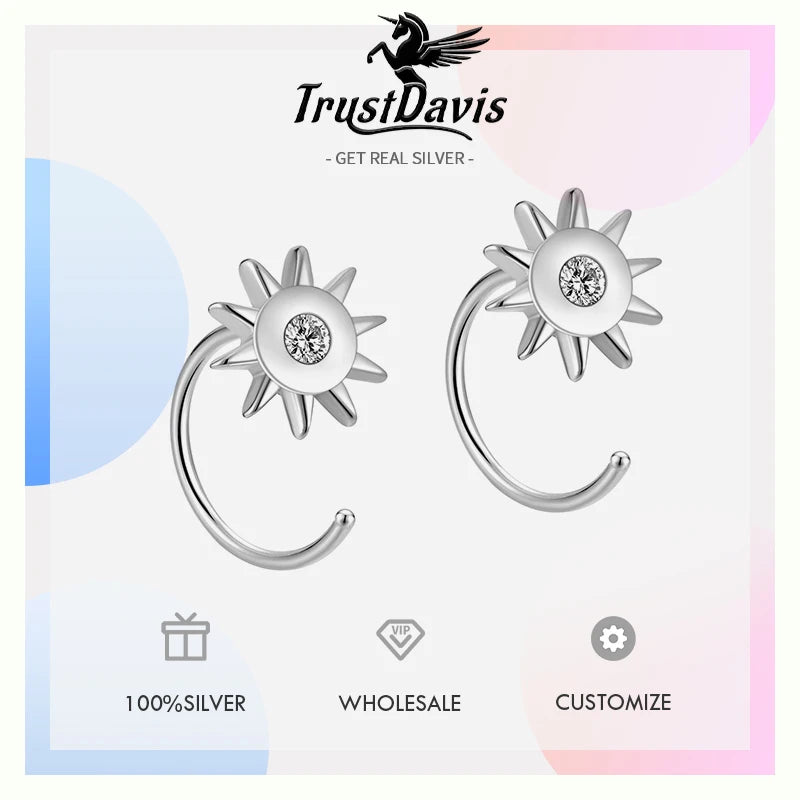 TrustDavis 925 Sterling Silver Women's Fashion Simple Sun Single Zirconia Stud Earrings for Women Girls Jewelry Gift DS4287
