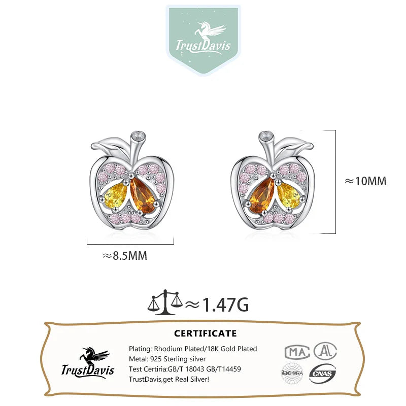 TrustDavis 925 Sterling Silver Women's Fashion Cute Apple Multicolor Zirconia Earrings for Women Girl Jewelry Gift DS4305