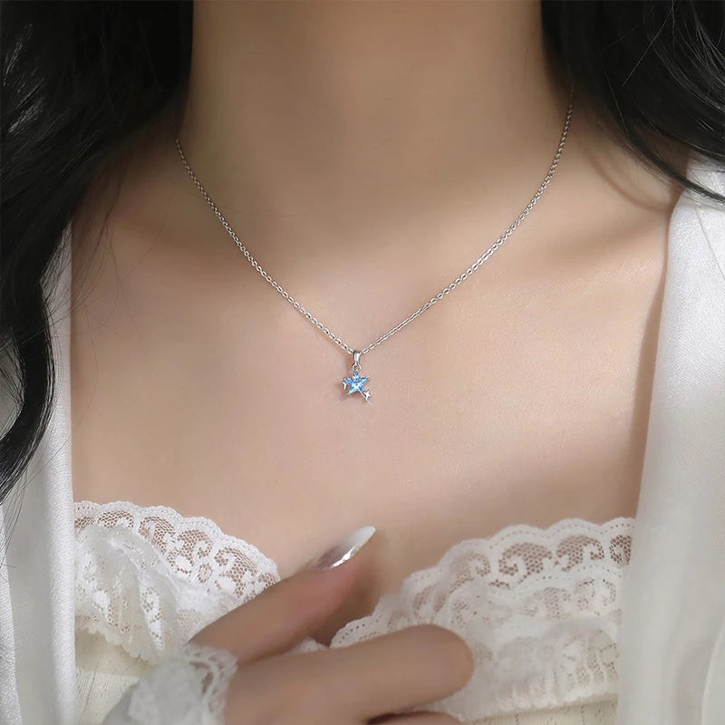 TrustDavis 925 Sterling Silver Women's Necklace Fashion Simple Blue Star Pendant Necklace for Women Girls Jewelry Gift DS4652