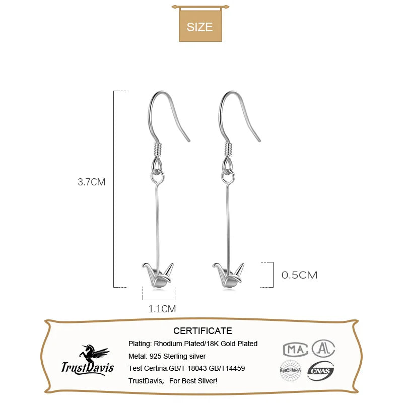 925 Sterling Silver Lovely Paper Crane Sweet Long Dangle Earrings DT53
