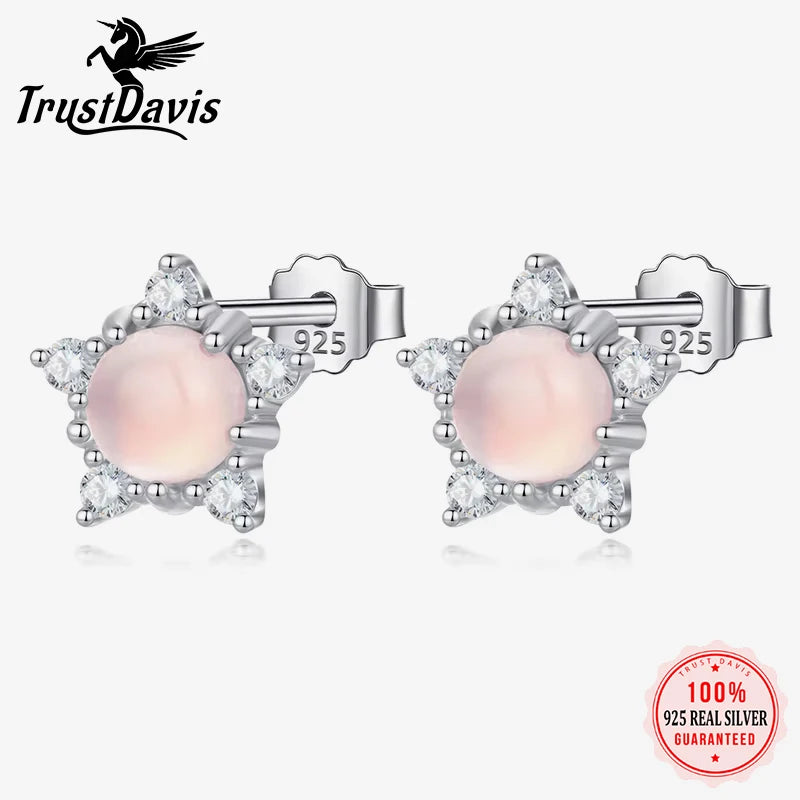 Real 925 Sterling Silver Pink Cat's Eye Star Stud Earrings DA2974