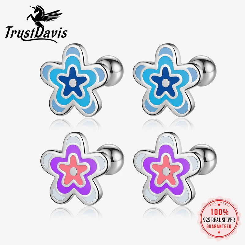 TrustDavis Girls Real 925 Sterling Silver Sweet Drip Glue Flower Stud Earring Gift for Women Girl Fine Jewelry Gift DB1429