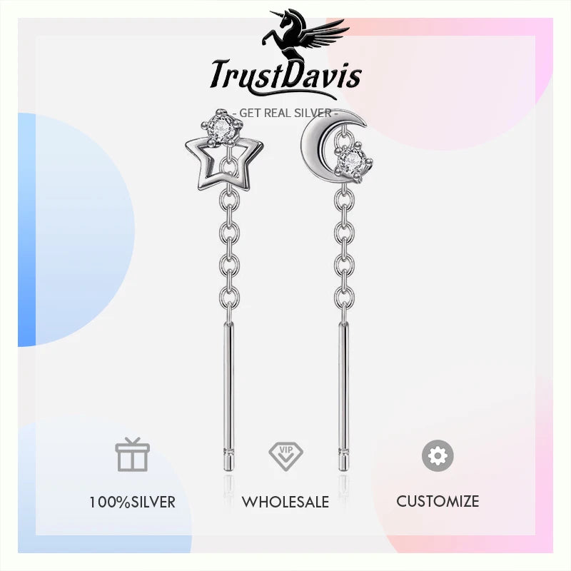 TrustDavis Real 925 Sterling SilverWomen's Simple Tassel Earrings Sweet Star and Moon Earrings for Women Gift Jewelry DA4206