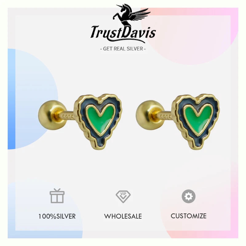 TrustDavis 925 Sterling Silver Women's Fashion Simple Epoxy Heart Screw Earrings for Women Girls Jewelry Gift DS4328