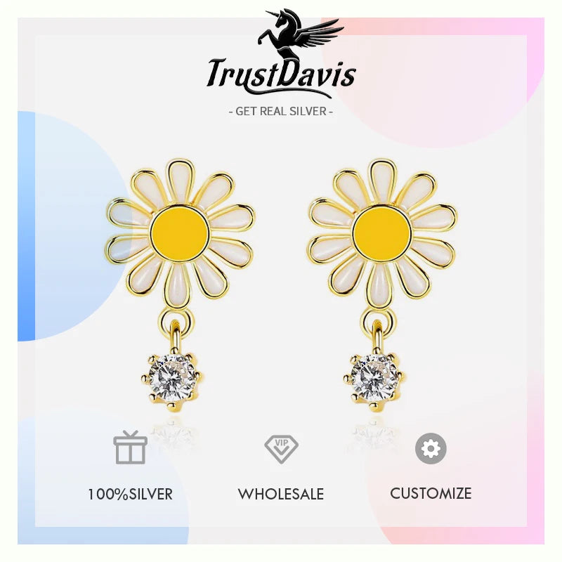 TrustDavis 925 Sterling Silver Women's Fashion Simple Daisy Zirconia Stud Earrings for Women Girls Jewelry Gift DS4412