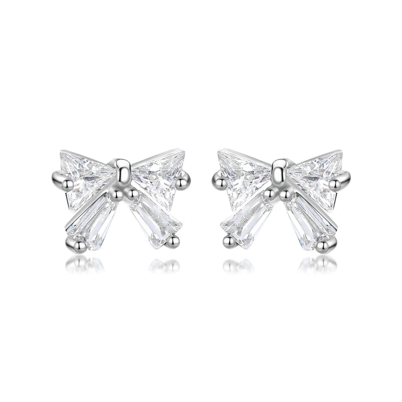 Real 925 Sterling Silver Earring Bowknot Shiny Zircon Screw Earrings DS3476