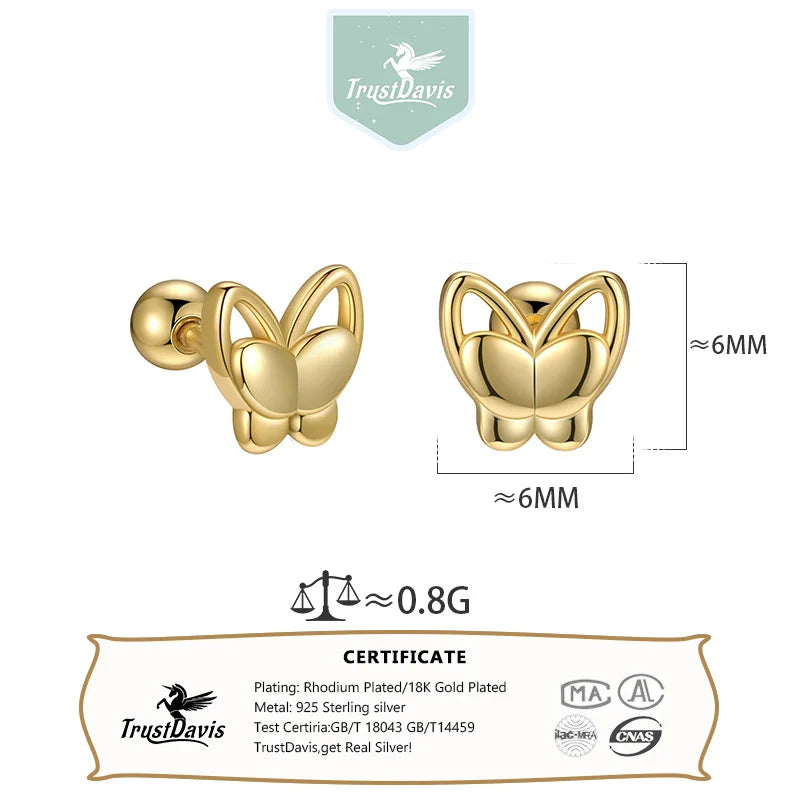 TrustDavis 925 Sterling Silver Women's Fashion Simple Hollow Butterfly Screw Earrings for Women Girls Jewelry Gift DS4270