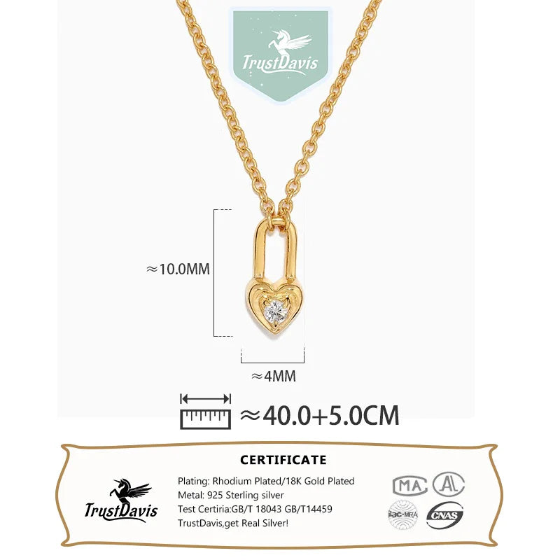 TrustDavis Real 925 Sterling Silver Women's Fashion Simple Zircon Heart Lock Necklace for Women Girls Jewelry Gift DS4457