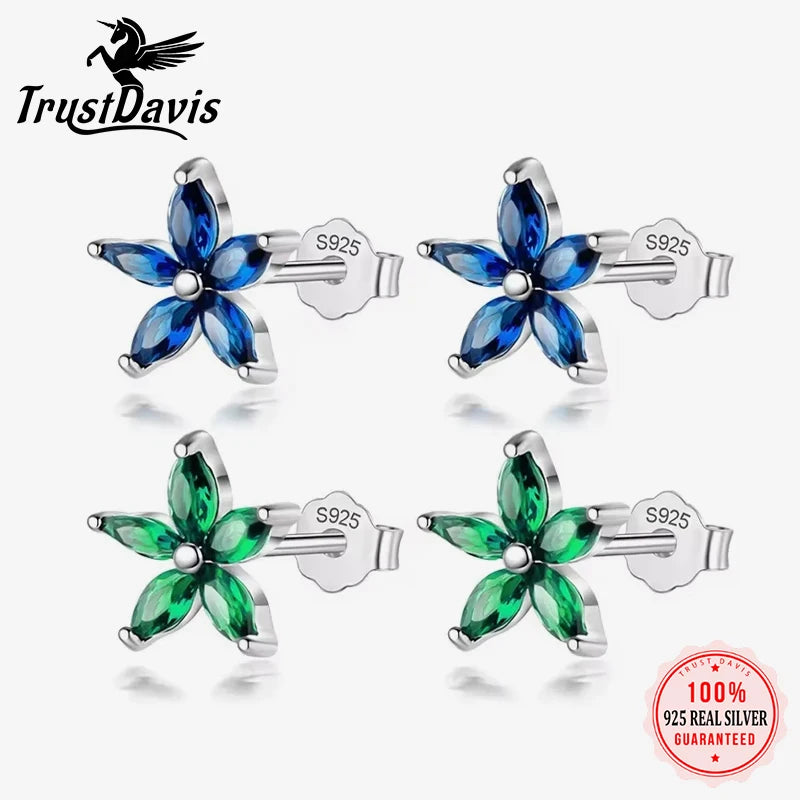 TrustDavis Original Sterling Silver Blue Green Purple CZ Flower Stud Earrings For Women Daughter Girls Fine S925 Jewelry DS4147