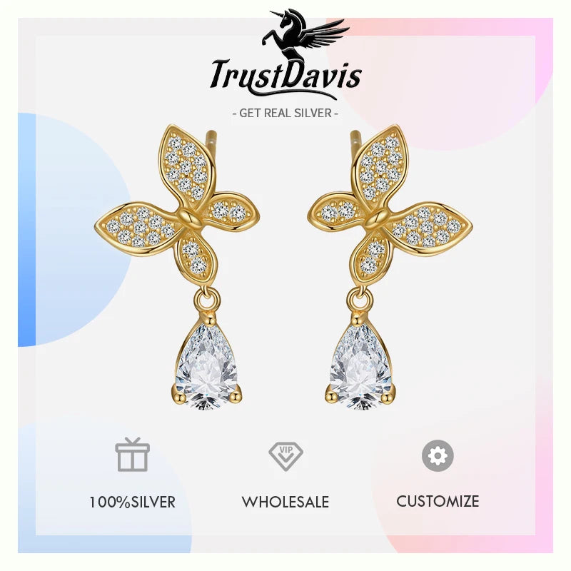 TrustDavis Real 925 Sterling Silver Women's Fashion Simple Butterfly Zircon Drop Earrings for Women Girls Gift Jewelry DS4236