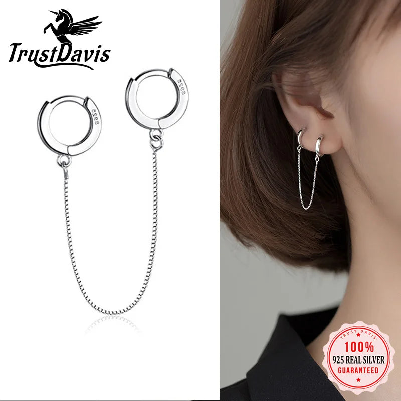 TrustDavis 1Pcs Real 925 Sterling Silver Fashion Box Chain Double Hoop Earrings For Women Wedding Party Fine Jewelry Gift DA2275