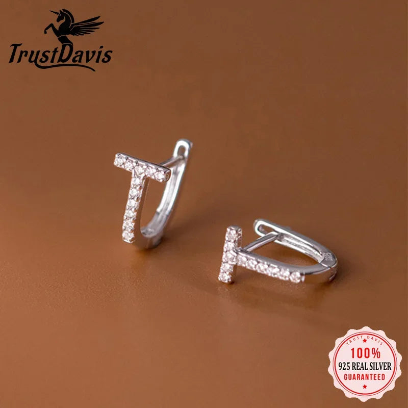 TrustDavis Real 925 Sterling Silver Fashion Geometric Letter T Charm Hoop Earrings For Women Wedding Party Fine Jewelry DA2164
