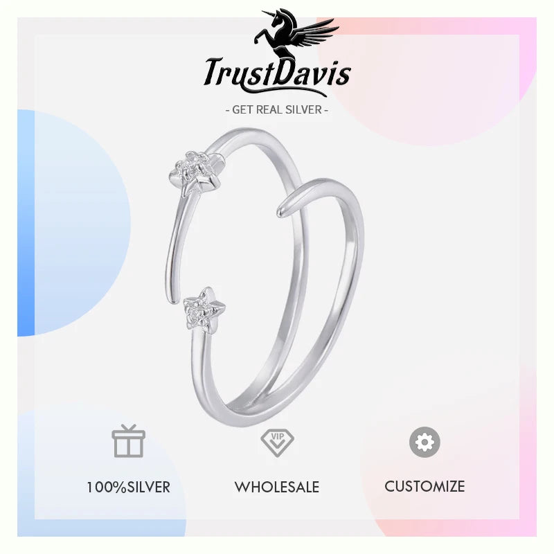 TrustDavis Real 925 Sterling Silver Women's Fashion Simple Star Double Open Ring for Women Girls Fine Jewelry Gift DS4677