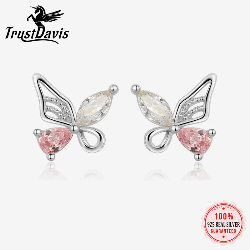 TrustDavis 2024 Real 925 Sterling Silver Sweet Butterfly Screw Stud Earring for Women Daughter Birthday Gift Fine Jewelry DS4618