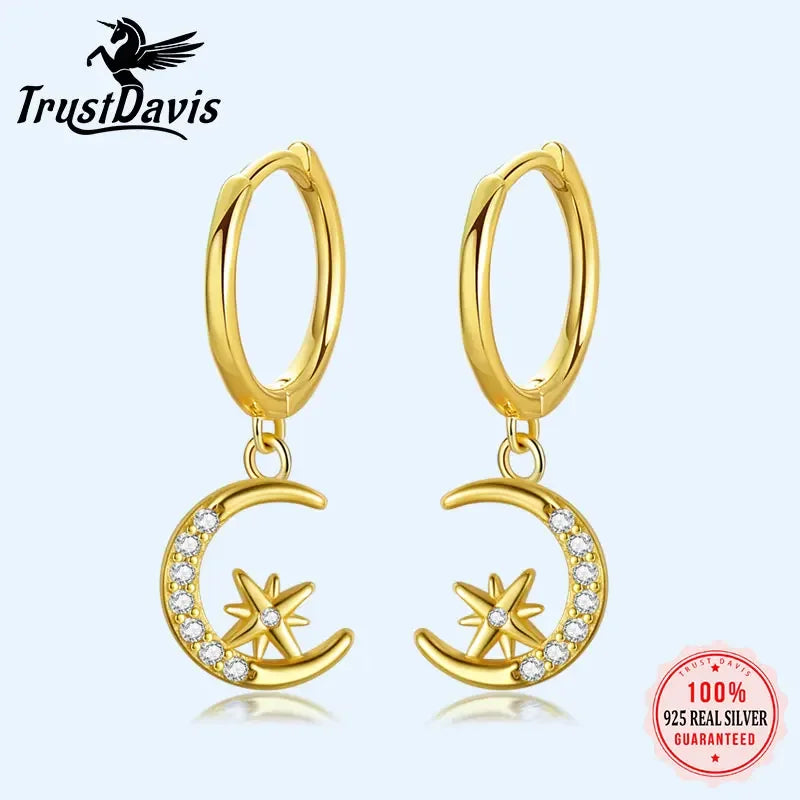 Real 925 Sterling Silve Fashion Asymmetric Star Moon Pendant Hoop Earrings DA2646