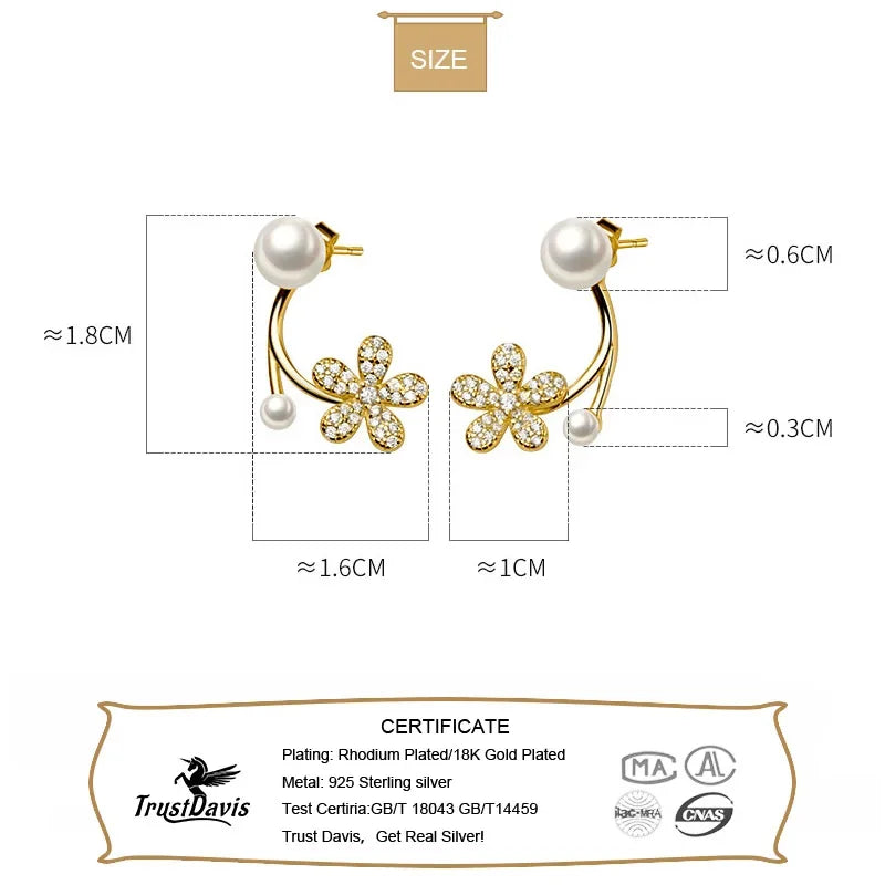 TrustDavis Real 925 Sterling Silver Synthesis Pearl Sweet Flower Zircon Stud Earrings For Women Wedding Fine 925 Jewelry DE0295