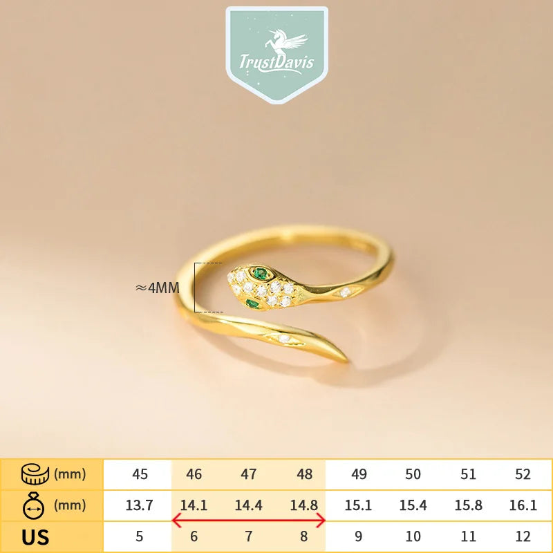 TrustDavis Real 925 Sterling Silver Ring Fashion Sweet Animal Snake Opening Rings for Women Girl Gift Fine Jewelry DS4175