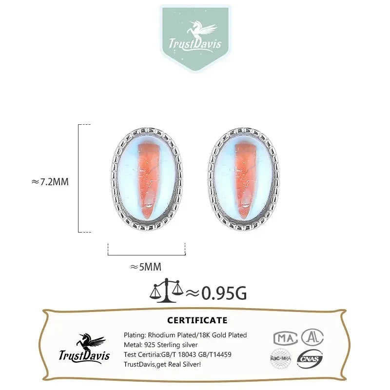 Trustdavis Real 925 Sterling Silver Personality Elliptical Moonlight Stone Earrings Stud Earrings For Women Fine Jewelry DS4066
