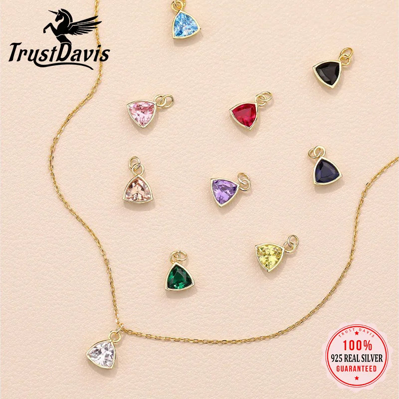 TrustDavis Real 925 Sterling Silver Women's Fashion Elegant Water Drop Color Zircon Necklace for Women Girl Gift Jewelry DS4221