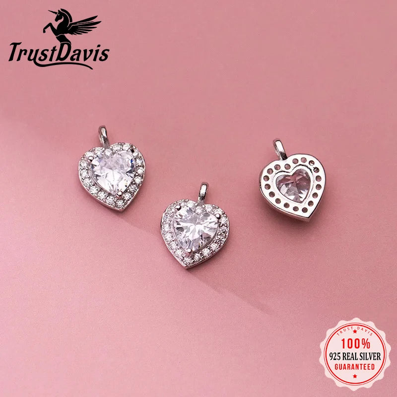 TrustDavis Real 925 Sterling Silver Sweet Romantic Heart Shiny CZ Pendant Handmade DIY Necklace Accessories Fine Jewelry HY846