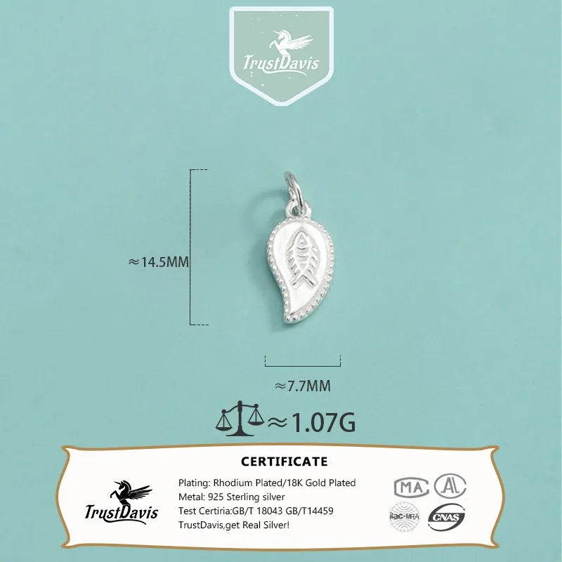 TrustDavis Real 925 Sterling Silver Fashion Leaf fish Charm Pendant Handmade DIY Necklace Bracelet Accessories Jewelry DZ1642