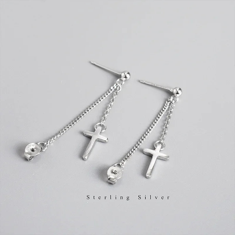 TrustDavis 100% 925 Sterling Silver Cross Chain Stud Earrings Beautiful For Women Lady Silver 925 Jewelry Gift ED470