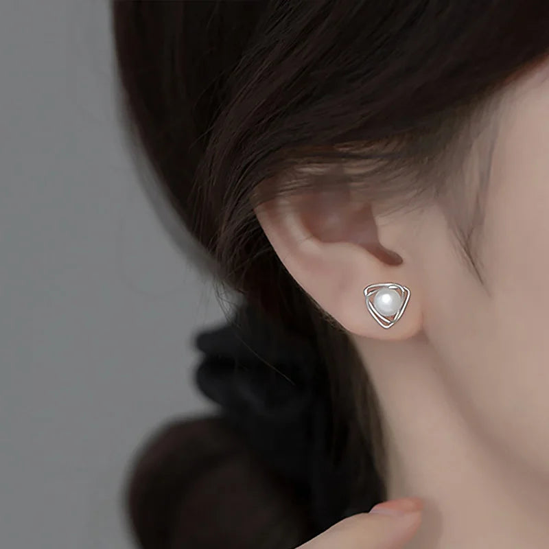 Geometric Pearl Triangle Line Stud Earrings DS3481