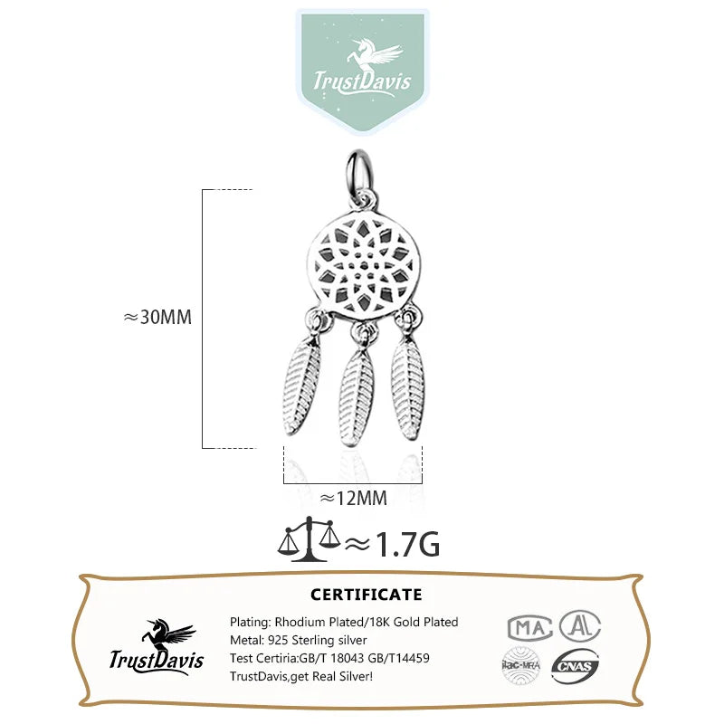 TrustDavis Real 925 Sterling Silver Fashion Dreamcatcher Charm Pendant Handmade DIY Accessories Fine Jewelry Wholesale DZ1714