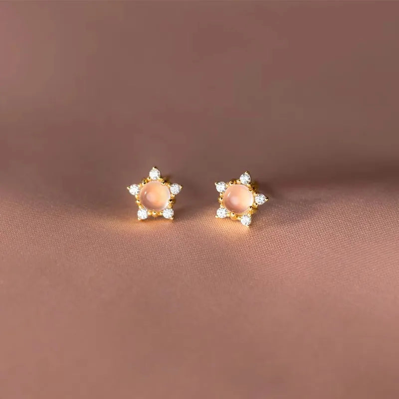 Real 925 Sterling Silver Pink Cat's Eye Star Stud Earrings DA2974