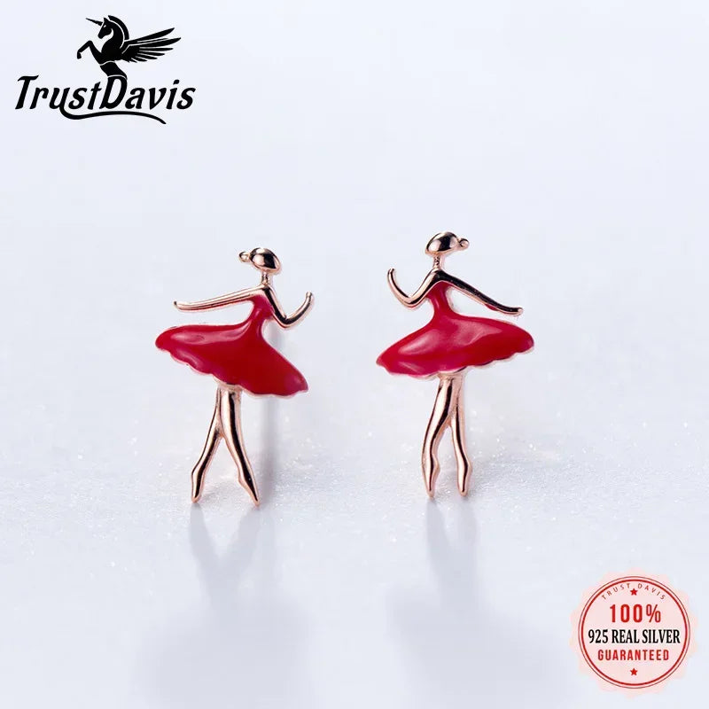 TrustDavis 925 Sterling Silver Color Glaze Ballet Dancer Stud Earrings For Women Wedding Party Valentine's Day Gift Jewelry DA38