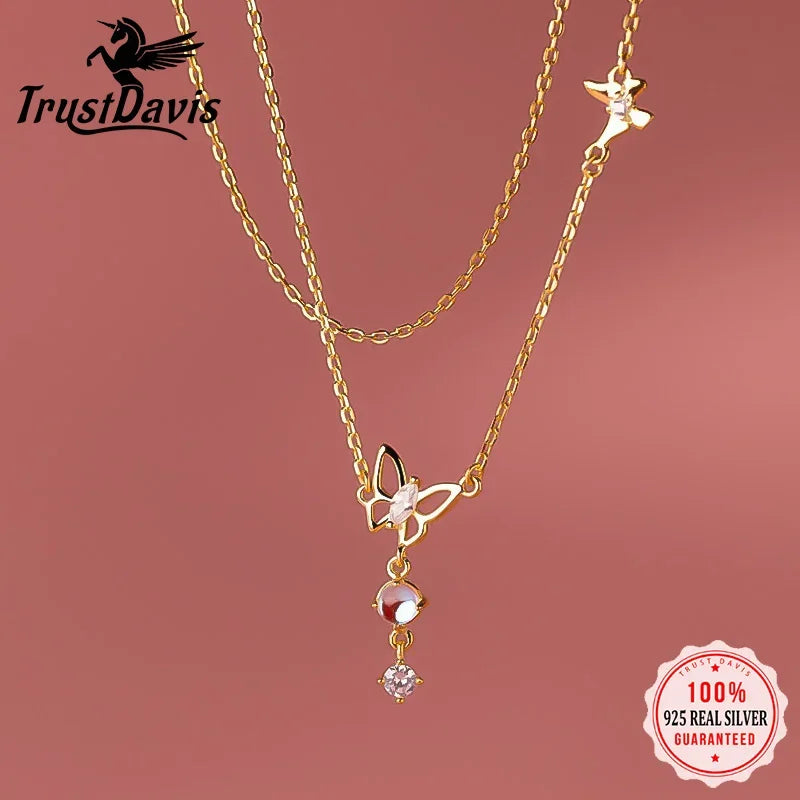 TrustDavis Women 925 Solid Sterling Silver Romantic Butterfly Necklace for Lady Girls Birthday Gift Fine S925 Jewelry DS4203