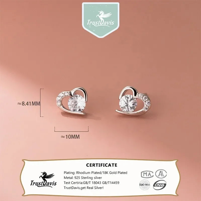 Trustdavis Genuine 925 Sterling Silver Sweet Trendy Romantic Elegant Heart CZ Stud Earrings for Women Wedding Jewelry DS4053