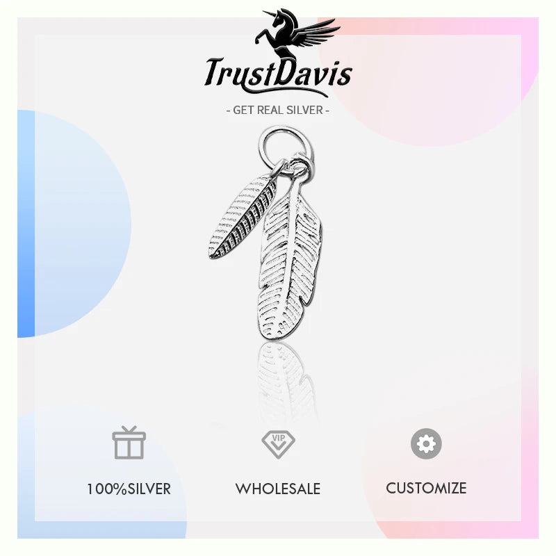 TrustDavis New Real 925 Sterling Silver Personality Double Feathers Charm Pendant Handmade DIY Accessories Wholesale DZ1716