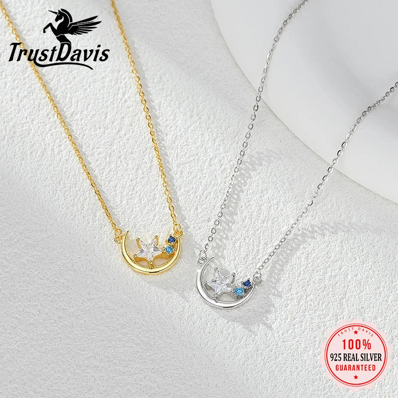 TrustDavis 925 Sterling Silver Women's Fashion Star and Moon Colored Zircon Pendant Necklace for Women Girls Jewelry Gift DS4436