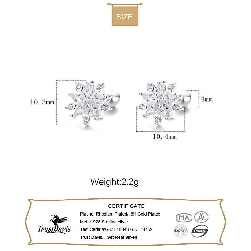 TrustDavis Real 925 Sterling Silver 2022 Sweet Snowflake CZ Screw Stud Earrings For Daughter Girls Christmas Gift Jewelry DG0061