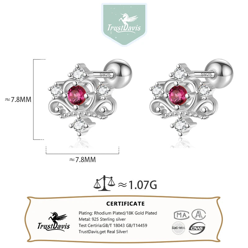 TrustDavis Real 925 Sterling Silver Vintage Crown Zircon Screw Stud Earrings For Women Wedding Trendy Fine Jewelry Gift DS4623