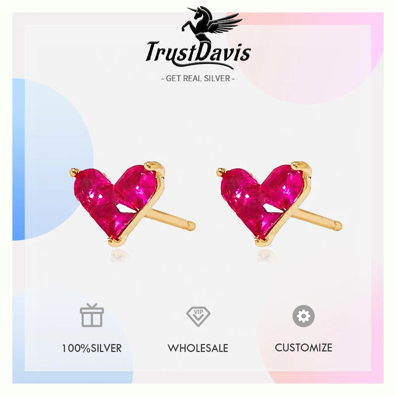 Real 925 Sterling Silver Heart Red Zircon Stud Earrings DS4953