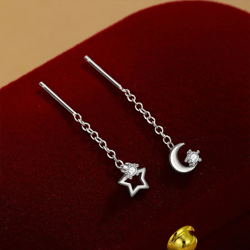 TrustDavis Real 925 Sterling SilverWomen's Simple Tassel Earrings Sweet Star and Moon Earrings for Women Gift Jewelry DA4206