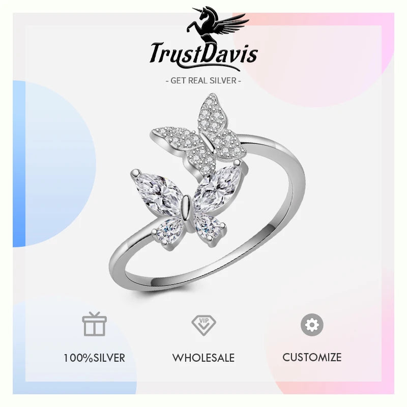 Trustdavis Real 925 Sterling Silver Sweet Butterfly Zircon Ring Women Girls Birthday Party Gift Jewelry DS4142
